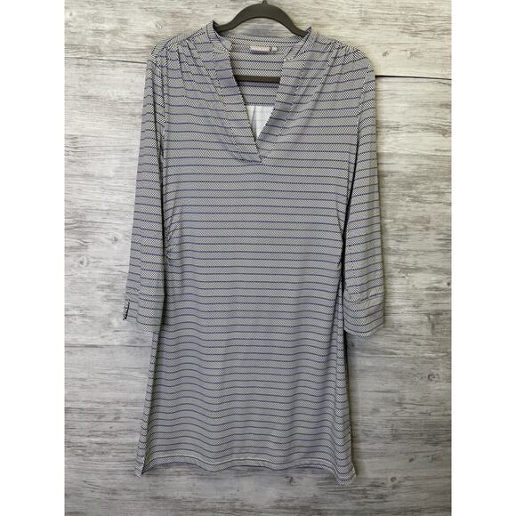 Ellie Kay Dress Size 6 Black Blue Striped 3/4 Sleeve V Neck Stretch Shift - Picture 1 of 10